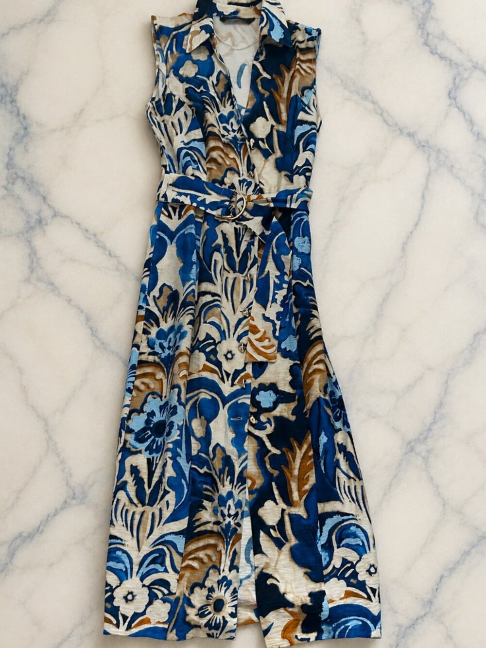 Zara Blue Floral Belted Sleeveless Shirt Dress XS Resort Midi